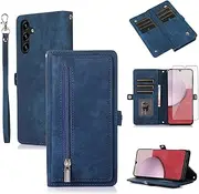 [Asuwish] Phone Case for Samsung Galaxy A14/M14 5G Wallet Cover with Tempered Glass Screen Protector and Wrist Strap Leather Flip Zipper Credit Card Holder Stand Cell A 14 4G 14A 14M G5 Women Men Blue