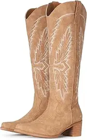 IUV Cowboy Boots for Women Knee High Western Boots Pointy Toe Chunky Heel Zipper Cowgirl Boots for Country Concert