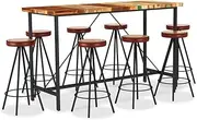 Industrial 9 Piece Bar Set with Solid Reclaimed Wood Table & 8 Genuine Leather Canvas Upholstered Stools for Patio Dining