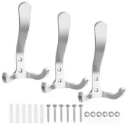 3Pcs Stainless Steel Towel Hooks Double Bath Robe Hook Wall Mount(Silver)