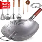 Carbon Steel Wok Hand Hammered 13.4 Inch Round Bottom Pan Includes 8 Accessories