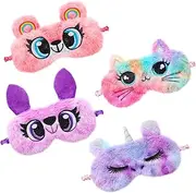 BEBEMOKO 4Pcs Cartoon Plush Eye Mask Owl Cat Unicorn Bear Sleep Eye Shade for Soft Light Blocking Blindfold for Comfortable Travel Home Use