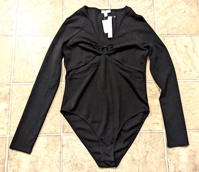 New Topshop sz 12 Bodysuit Top black long sleeves cut out accents stretchy 4207