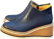 [DMBHY] Women's Eva Pull On Bootie Wedge Platform Round Toe Walking Shoes Waterproof Leather Ankle Boots (Color : Navy, Size : 40 EU)