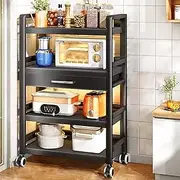 Baker's Rack with Drawer, Kitchen Storage Shelf with Casters, Metal Microwave Stand for Home Kitchen Living Room Hallway,Shelf Free Standing (Color : Black, Size : 60x39x132cm)