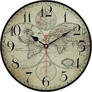 14 Inch Wooden Wall Clock Globe World Map Retro Vintage Rustic Wall Clocks Silent Non Ticking Clock Decorative for Kitchen Farmhouse Hotel