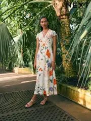 Kew Collection White & Purple Floral Flutter Sleeve V-Neck Tie Waist Maxi Dress (AT3199) | $135