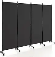 Costway 4 Panels Folding Room Divider, 170cm Tall Privacy Screen with Non-See-Through Fabric & Metal Frame, Freestanding Partition Wall Divider with Rolling Wheels for Living Room, Dining Room (Gray)