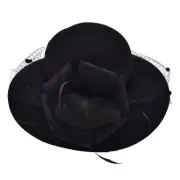 Black Womens Wool Felt Floral Veil Netting Feather Wide Brim Derby Hat A322