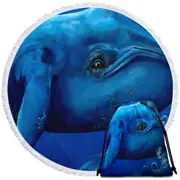 Underwater Art Big Blue Whale and Mermaid Round Beach Towel