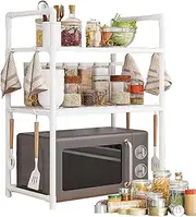 Kitchen Microwave Stand - Kitchen Microwave Shelf with Hooks - Widened Seasoning Rack Double Layer Bread Machine Holder for Home Pantry Dorm RV Outdoor Daily Use