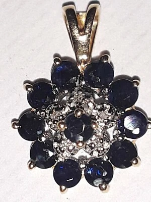 Blue Sapphire & Diamond Cluster Necklace Pendant 10k SOLID YELLOW GOLD