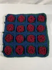 NEW Handmade Crochet 3D Red Rose Square Pillow Cover Open End W/Buttons No Lined