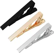 [WLVinson] Pack of 3 tie clips, tie pins for men (gold, silver, black), regular, Metal, Gemstone