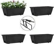 HAITRAL Hanging Planters for Outdoor Plants,Deck Railing Planter Boxes Countryside Style Window Boxes Planters, Balcony Flower Pots Plastic Railing Planter with Metal Brackets for Fence,Black 4 Pcs