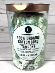 L. Organic Cotton Core Tampons 30 Count (10 Light 20 Regular) Duo Pack NEW