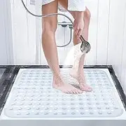 Anti-Slip and Mildew-Proof Square Shower mats 21 x 21 inches,Bath Tub Mat Non-Slip with Suctions Cups and Drain Hole, Non-Slip Stall Mat for Elderly & Kids Bathroom,Machine Washable(White Clear)