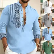 Stylish Men's Loose Henley V Neck Shirt Blouse Casual Beach Tops Long Sleeve