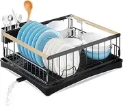 HUIYOPU Dish Drying Rack Tableware Drainer Utensil Holder,Retractable Swivel Spout,Wooden Handle Dish Drainers For Kitchen Sink, Black