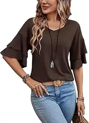 [Sialois] Womens Blouses Ruffle Short Sleeve T Shirts V Neck Double Tiered Bell Sleeve Top Spring Summer Fashion Clothes Cute Tunic, Coffee Brown, Small
