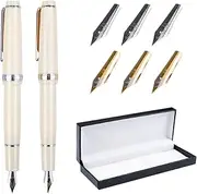 2Pcs Fountain Pen Set with Gift Case, Ivory White Fountain Pen Fine Nib with Converter, Resin Calligraphy Pen set with 6 Gold Silver Trim Replacement Pen Nibs for Writing Supplies, Man, Woman