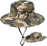 [UTOWO] Boys Camouflage Bucket Hat Army-Green Sun Protection Fishing Hat Wide Brim Boonie Hat Chin-Strap for Kids 4-8T 7-14 Years