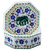 5 Inches Octagon White Marble Trinket Box Nature Design Inlay Work Bangle Box