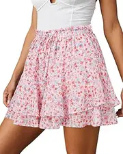 [BUNSLOOM] Women's Short Boho Lightweight Summer Skirt Wide Shorts Double Layer Ruffle Chiffon Skirt Holiday Flowers Mini Skirt Shorts, pink, XL