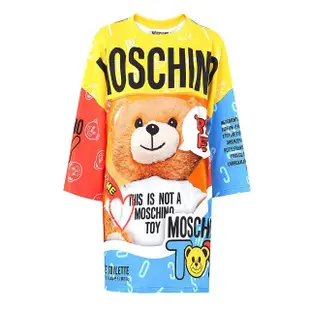 【MOSCHINO】熊熊圖案七分袖長版洋裝(黃色拼藍紅)