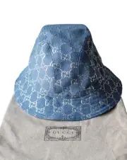Gucci Blue Silver Lame Bucket Hat Size M 57cm GG Logo Woven Wool Blend $600