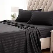 100% Cotton 3 PCs Bedsheet- King Bed Sheet Set- Premium Satin Finish 400 Thread Count Flat Sheet Set- Durable, Breathable, Luxury Feel, Hotel Style Set- Black Striped