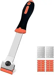 Razor Blade Scraper, Long Handle Scraper Tool with 10 Plastic and 10 Metal Blades - Ideal for Removing Labels, Stickers, Appliance Grease, and More from Windshields, Tint, and Glass (Orange)