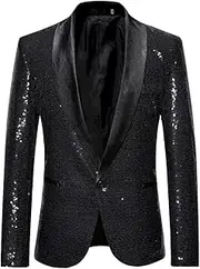 Sequin Blazer for Men Color Block Shawl Lapel One Button Shiny Disco Prom Suit Jacket Wedding Party Banquet Tuxedo