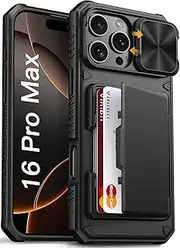 Vihibii for iPhone 16 Pro Max Case with Card Holder (4 Cards) [RFID Blocking] & Slide Camera Cover, Military Grade Drop Protection, Rugged Hard Back & Silicone Edge Wallet Phone Case, 6.9" 2024, Black