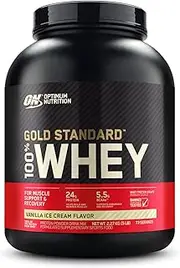 [OPTIMUM NUTRITION] Gold Standard 100% Whey Protein Powder, Vanilla Ice Cream, 2.27kg - [2024/2025 plastic neck band packaging may vary]