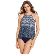Miraclesuit Silver Shores Peephole Tankini Top Size 10 NWT Navy White Metallic
