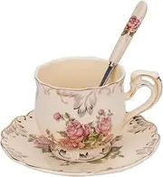 [Foraineam] 8 oz Ivory Porcelain Tea Cup Vintage Floral Ceramic Tea Cup Set with Saucer and Spoon
