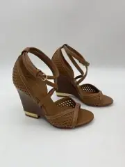 New Tory Burch Gladiator Wedge Heel Perforated Woven Leather Shoes Size 5M