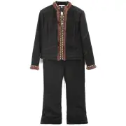 St. John Fur Trim Jacket Pant Set NEW Black Denim Woven Raffia 2 Pc Set Size 12