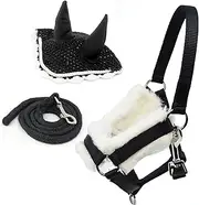 Hobby Horse Accessory Kit - Black Headcollar with Lead Rope and Insect Hat - Black & White for Hobby Horse, Size A4 and A3