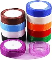 Swpeet 10 Rolls 50 Yards x 1 Inch Multicolor Shimmer Sheer Fabric Ribbons Organza Ribbon Assortment Kit, Transparent Sheer Ribbon Chiffon Fabric Ribbons for Bouquets Wedding Birthday Decoration