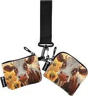 [XYMZR] Field Sunflower Cow Mini Zip Around Wristlet keychain Wallet for Women Personalized Pattern Detachable Dual Pouch Wristlet Portable Wallet Phone Coin Purse, Multi-colored, One Size