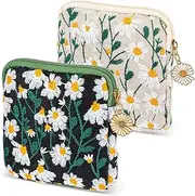 [YUXIANLB] Sanitary Napkin Storage Bag, 2 PCS Daisy Embroidery Period Bag Pouch Menstrual Cup Pouch Portable Tampon Holder Sanitary Pad Storage Bag Small Makeup Bag for Teen Girls School, Black, Beige