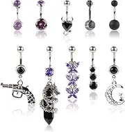 [XIHIRCD] 10pcs Belly Button Rings, Stainless Steel Belly Rings Dangling Black Purple Heart Butterfly Moon Dangle Belly Button Rings Barbell Navel Body Piercing Jewelry for Women Girls, M, Stainless Steel