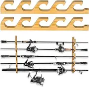 PLUSINNO WH5 Horizontal Fishing Rod/Pole Holders for Garage, Wall or Ceiling Mounted Fishing Rod Rack, Solid Wood Fishing rod Holder Holds up to 5 Rod or Combos or Nets Storage Racks