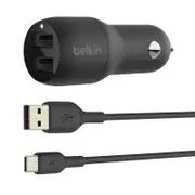 Belkin Boostcharge Dual USB-A Car Charger 24W + USB-A to USB-C Cable - Black