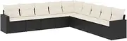 vidaxl Garden Sofa Set with Cushions - 9 Piece Modular Black Poly Rattan Outdoor Patio Lounge