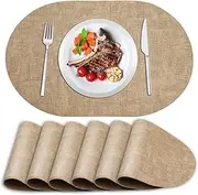 ANUNU Placemats Set of 6 - Double-Sided Faux Leather Design Oval Placemats for Dining Table Mats Heat Resistant Waterproof Wipeable Washable Non-Slip Kitchen Table Placemats (Set of 6, Camel)