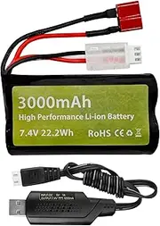Fytoo 7.4V 3000mah 15C 2S Li ion Battery with T-Type Plug and USB Charging Cable for WLtoys 12423 MJX 14301 14302 14303 H16PL High-Speed RC Car 1/10, 1/12, 1/16 Ratio RC Car Truck RC Ship