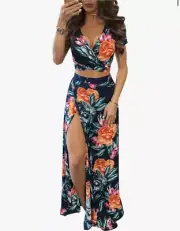 NEW Beach Crop Tops Floral Side Split Skirt 2 Pc Maxi Dress Set S